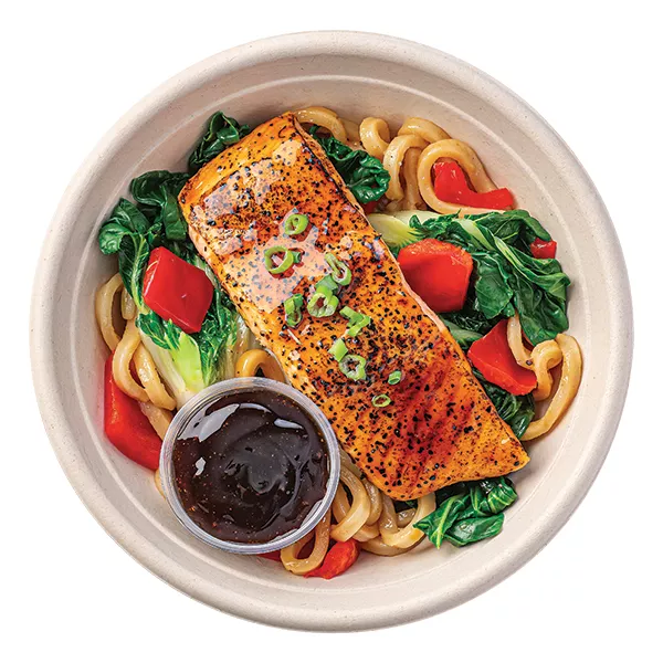Wegmans Salmon Teriyaki Bowl with Black Pepper Sauce and Udon Noodles