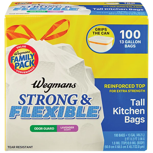 Wegmans Strong & Flexible Lavender Scent Tall Kitchen Drawstring Bags with Odor Guard, 13 Gallon, FAMILY PACK