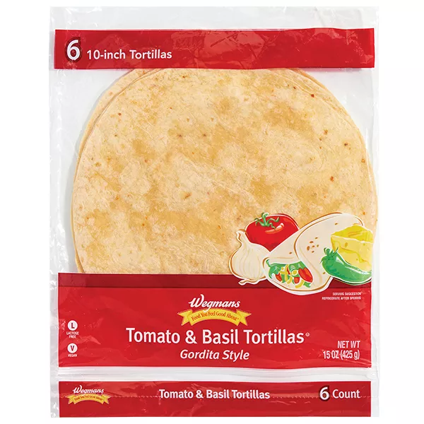 Wegmans Tomato & Basil Gordita Style Tortillas, 10 Inch, 6 Count