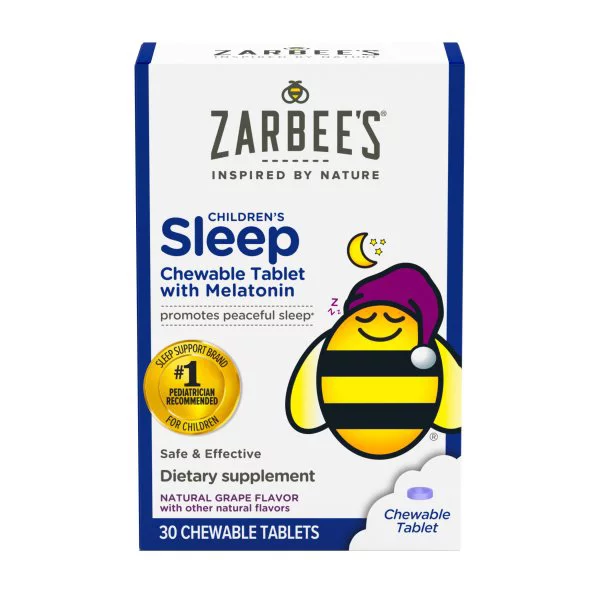 Zarbee's Kids 1mg Melatonin Chewable Tablet, Drug-Free & Effective Sleep Supplement, Easy to Take Natural Grape Flavor Tablets for Children Ages 3 and Up, 30 Co