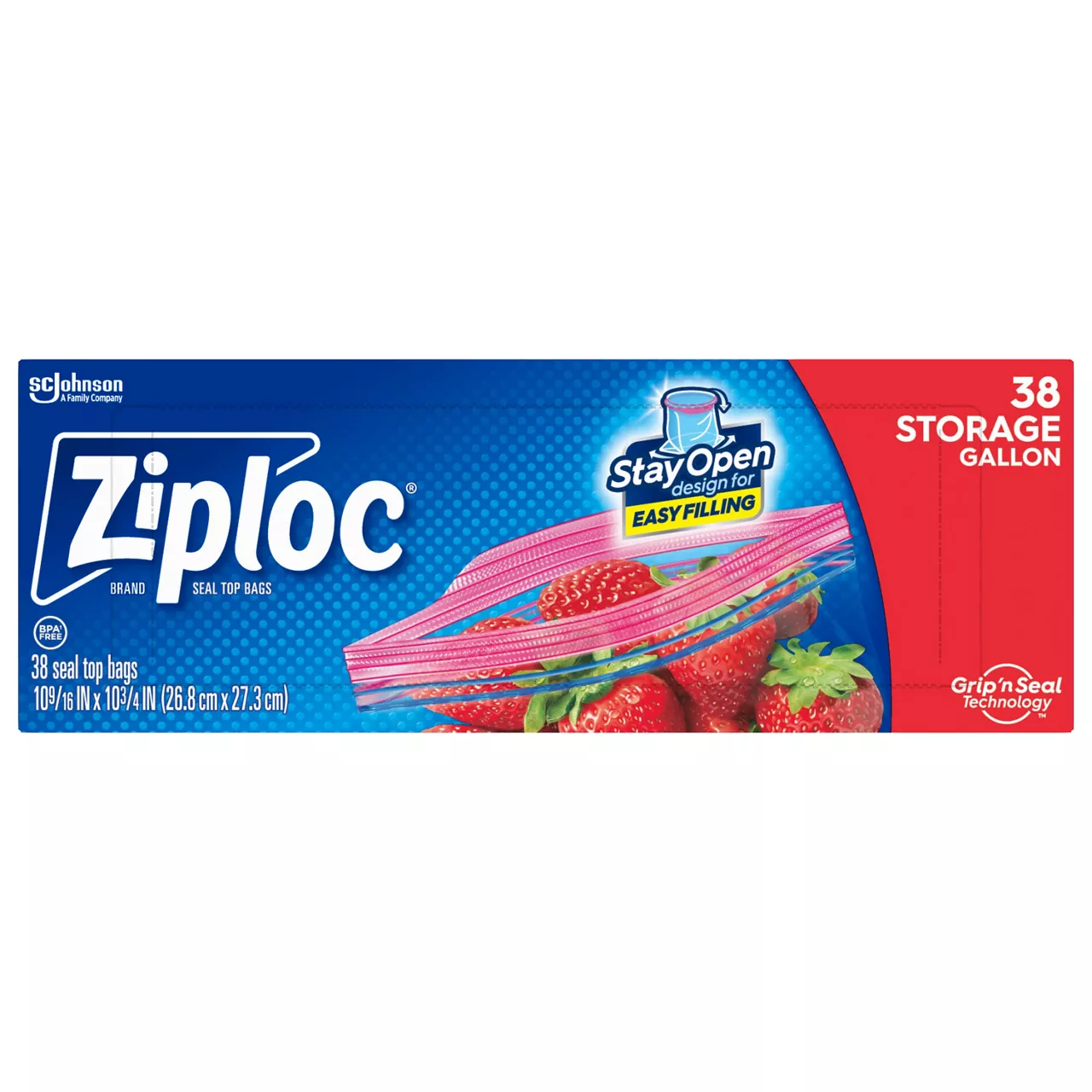 Ziploc ® Brand Storage Bags with New Stay Open Design, Gallon, 38 Count, Patented Stand-up Bottom, Easy to Fill Food Storage Bags, Unloc a Free Set of Hands in the Kitchen, Microwave Safe, BPA Free