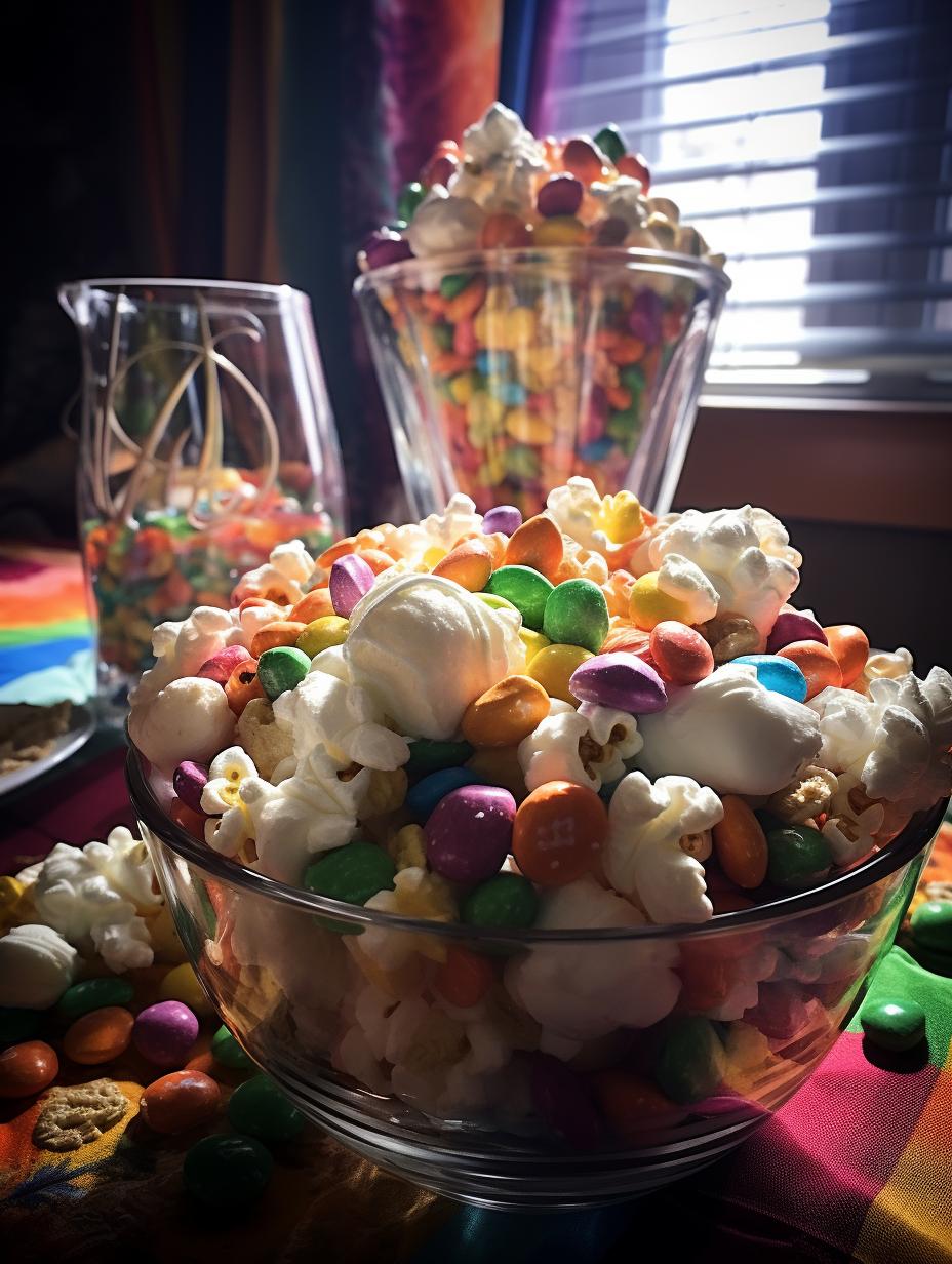 Cheesy Popcorn and Rainbow Candy Trail Mix