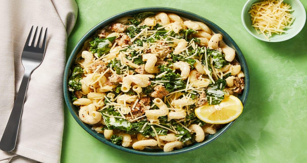 Creamy Chicken Sausage & Kale Cavatappi with Garlic, Lemon & Parmesan