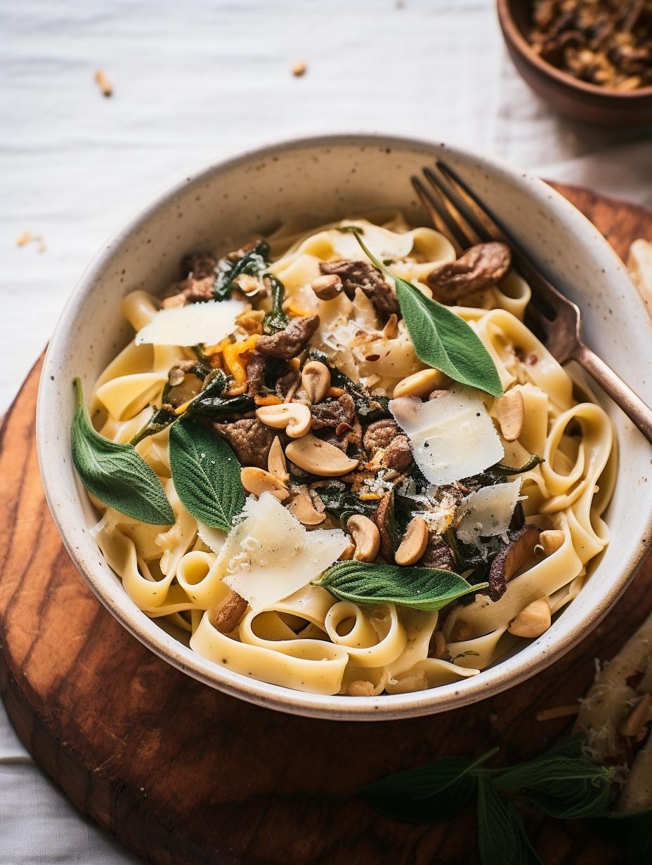 Creamy Tagliatelle With Savory Mushrooms & Hazelnut Crunch