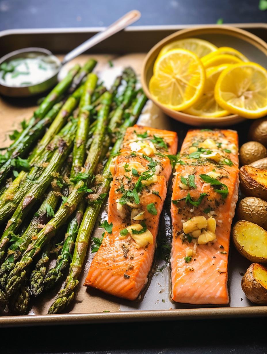 Gold-Rushed Salmon Feast with lemon-infused Asparagus and Potatoes