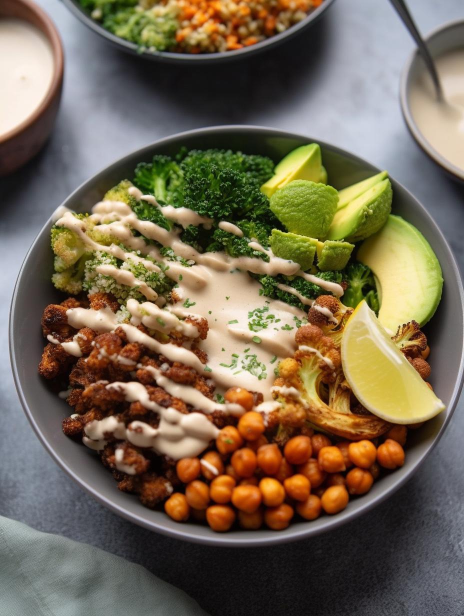 Golden Quinoa Bowls with Harissa Chickpeas, Roasted Broccoli and Lemon Tahini Sauce