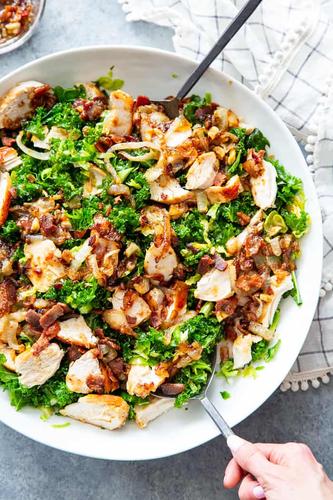 Kale Salad with Chicken, Caramelized Onions, and Hot Bacon Dressing {Paleo}