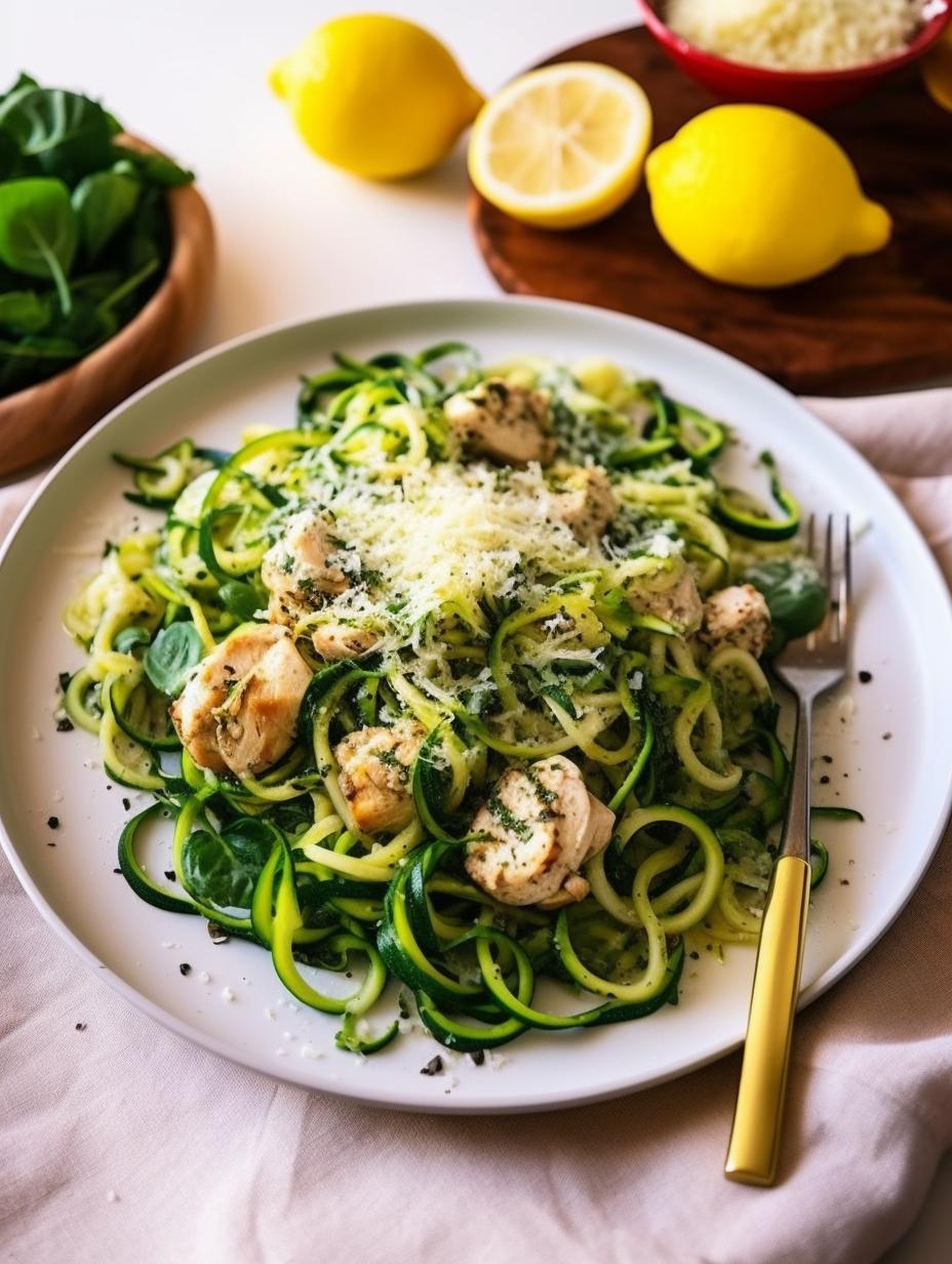 Lemon-Herb Chicken with Zucchini Noodles, Spinach, and Parmesan