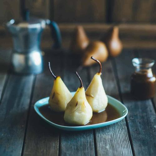 Poached Pears with Espresso Caramel