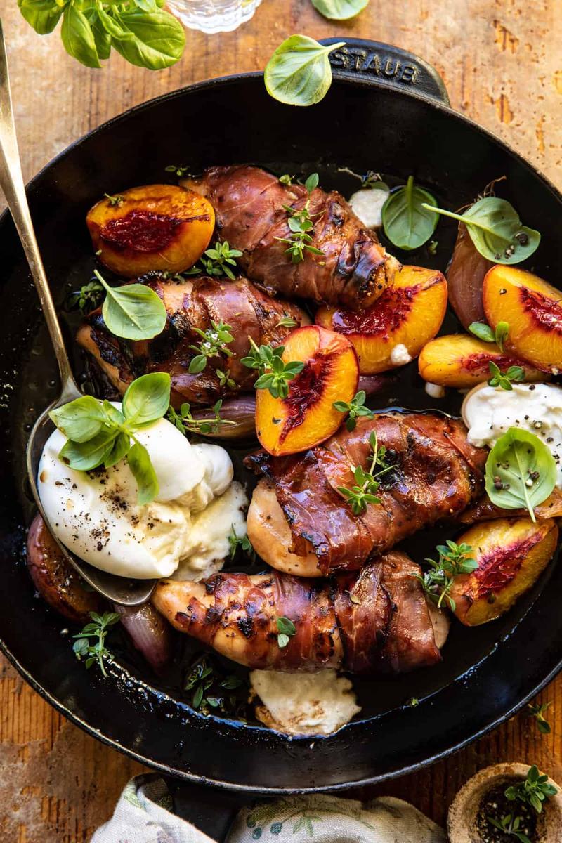 Prosciutto Balsamic Peach Chicken with Burrata and Basil.