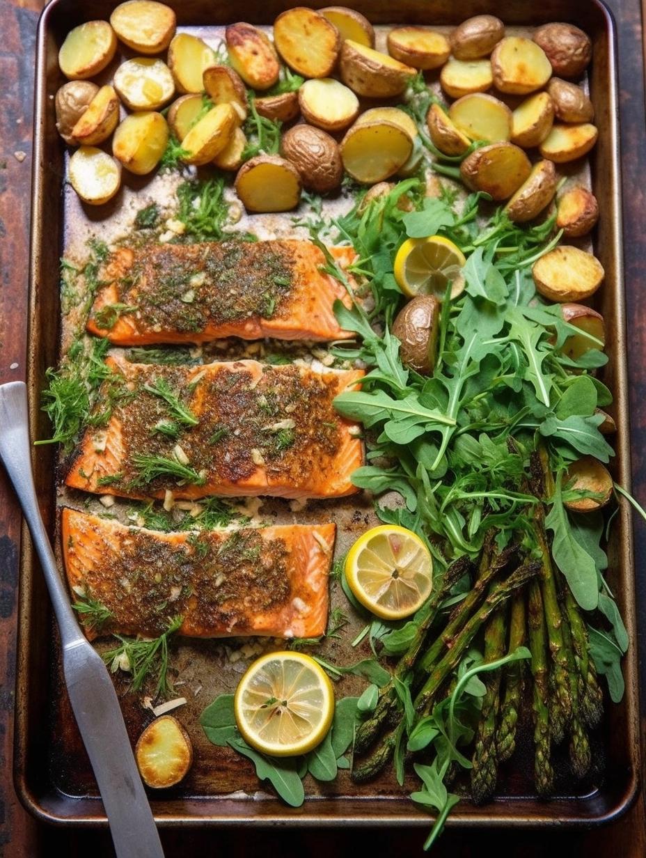 Sheet Pan Lemon-Garlic Salmon with Roasted Potatoes and Parmesan Asparagus