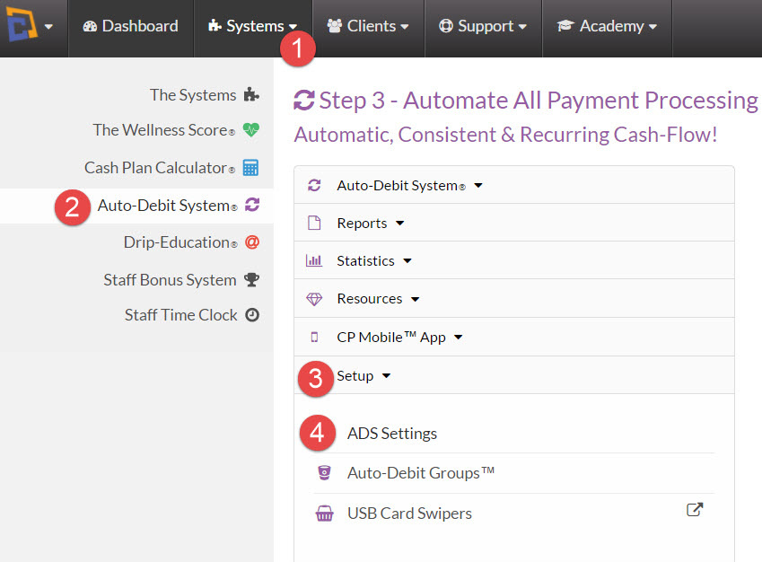 Getting Started Setup AutoDebit System® Setup Cash Practice