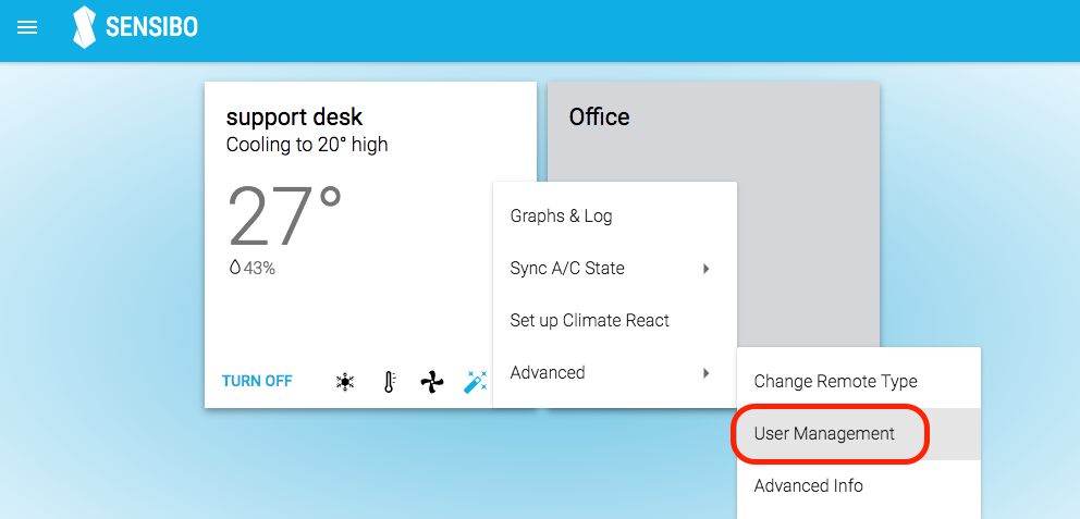 Sensibo Web App user management menu item