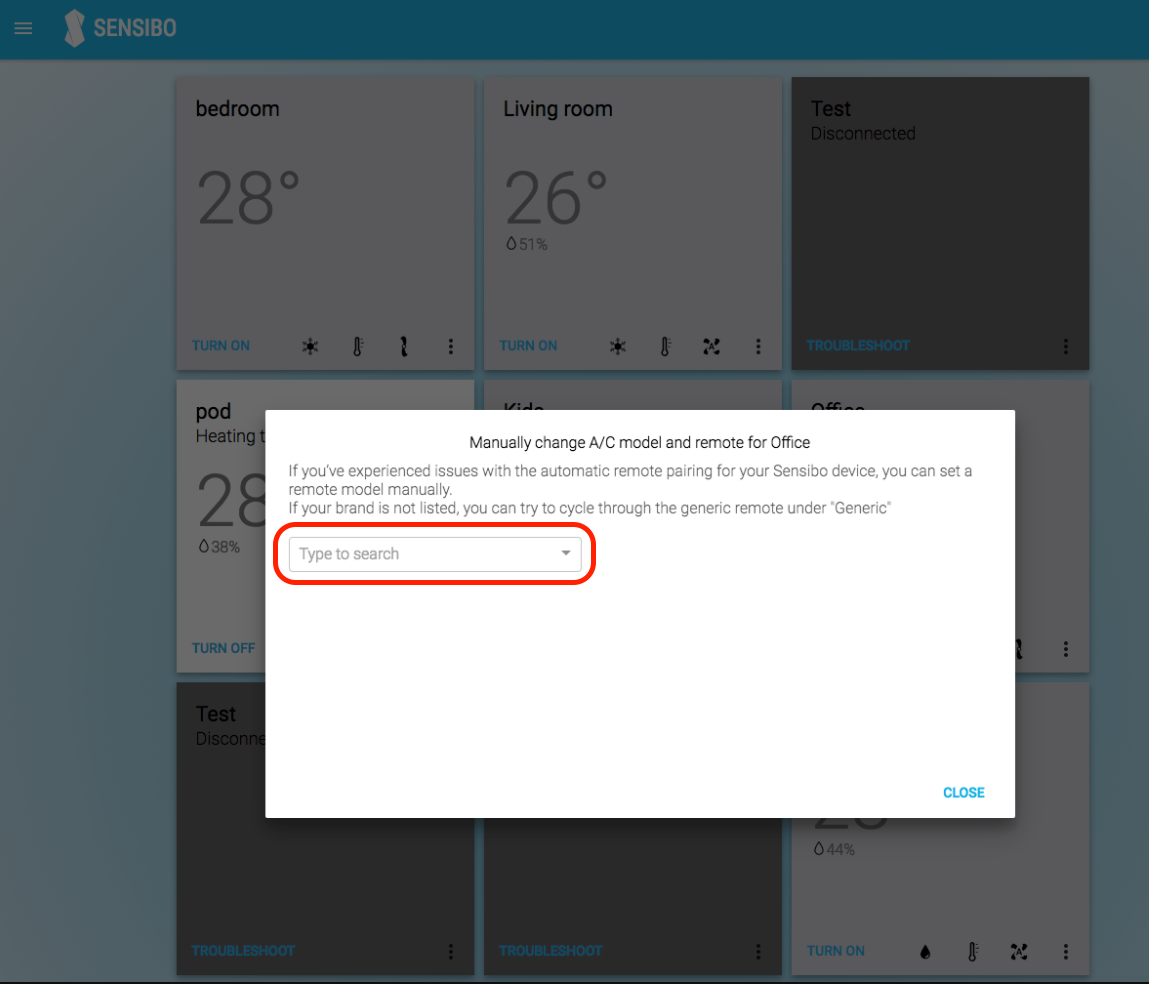 Manually change a/c remote brand Sensibo