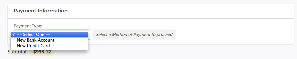 Payment method dropdown menu.