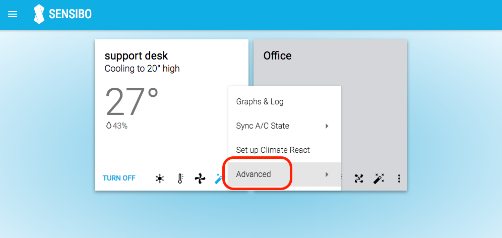 Sensibo Web App advanced menu item