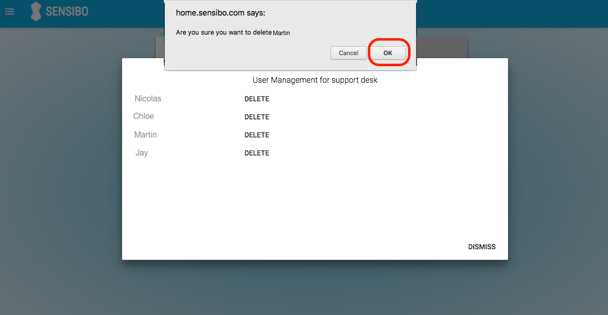 Sensibo User management delete user authorize