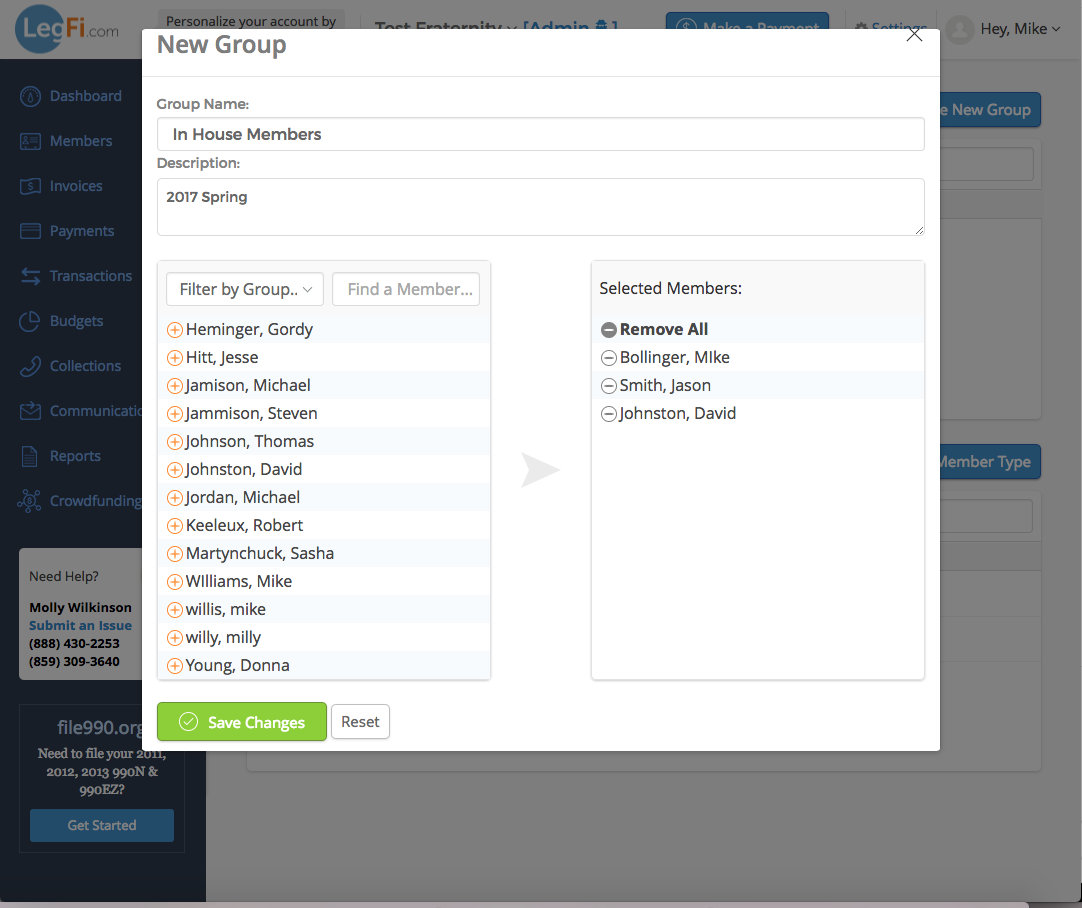 New group creation interface with member list.