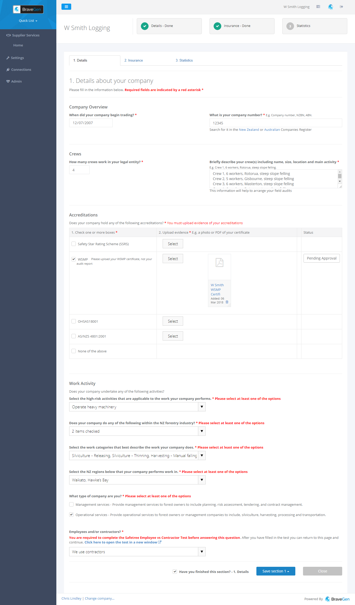 - Step 2: Section 1. Your company details