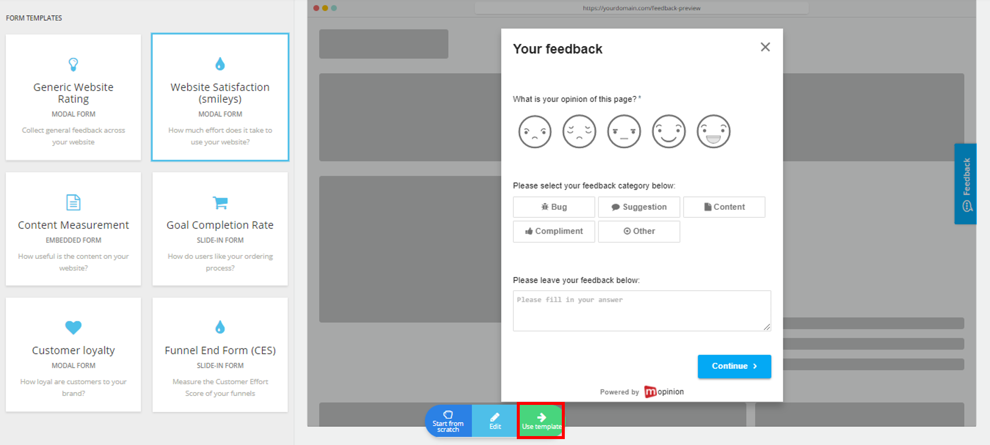 How do I build a feedback form by using a form template?
