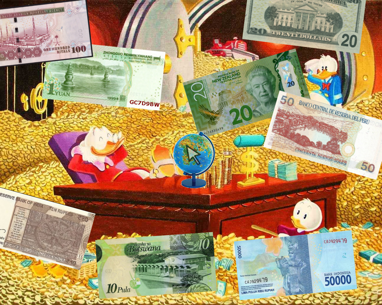 Find the satellite images near the locations on the money bills. Coordinates from wikipedia are a good start.