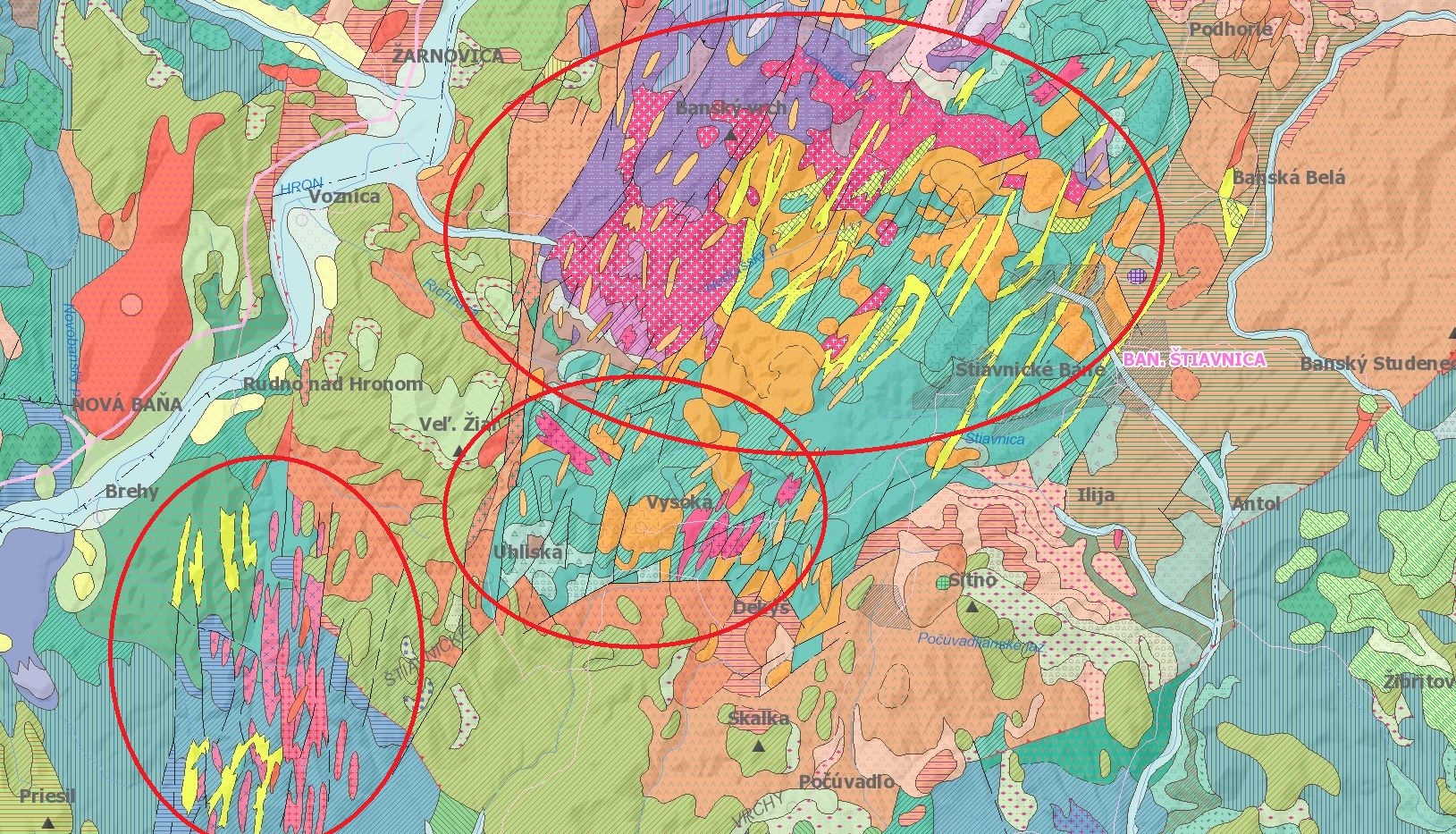 Geologická mapa oblasti Štiavnických vrchov s vyznačením polôh intruzívnych komplexov