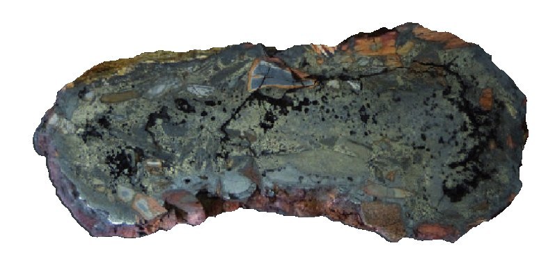 Chaîne métallique fondue montrant des exsolutions de fer natif.