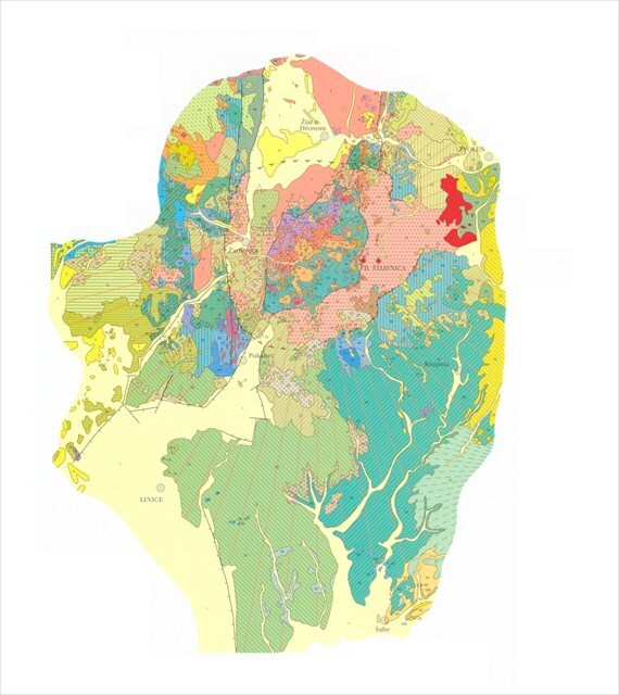 Mapa výskytu bazaltových hornín (červená farba).