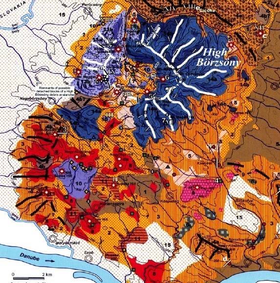 A Börzsöny egyszerűsített vulkanológiai térképe