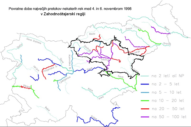 Slika 1: Povratne dobe vodotokov in položaj občine Mozirje v Zahodneštajerski regiji