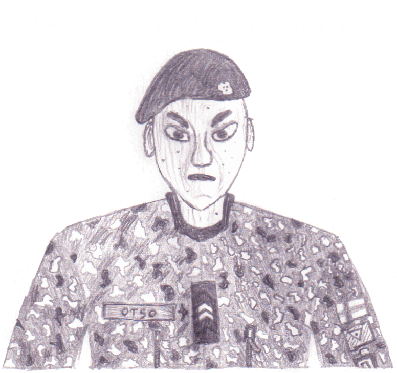 Alikersantti Otso tuijottaa sinua vihaisesti silmiin.