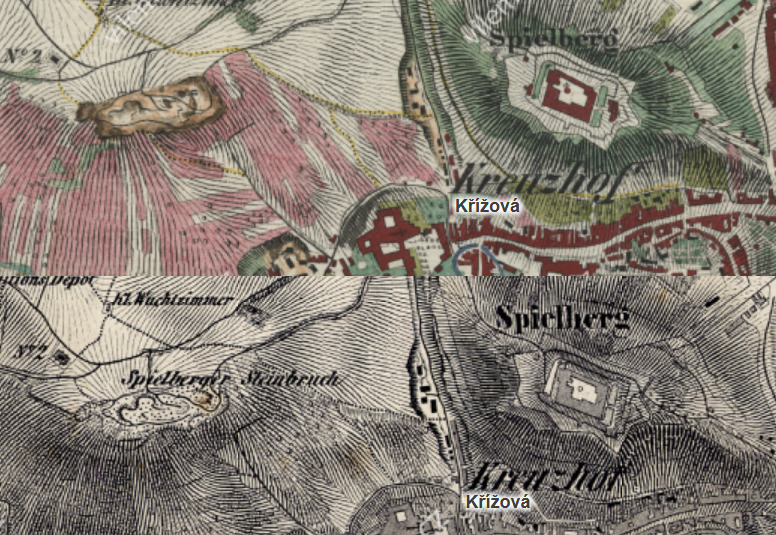 Kamenolom na Žlutém kopci na mapách z let 1835 a 1854