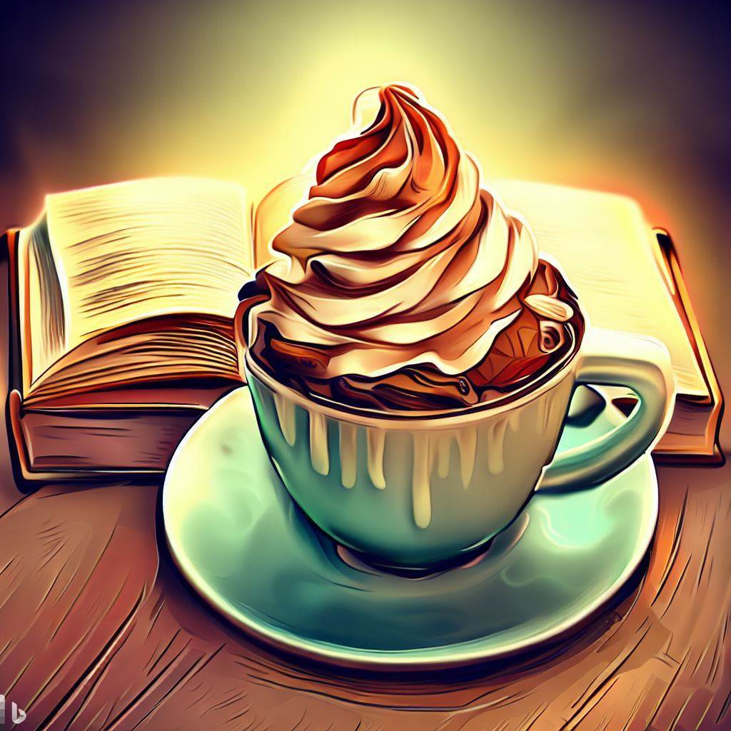 AI genereret billede med Bing - An ultra realistic image of a stack of books and a cone of ice cream with different flavors on a white background. Cartoon style.