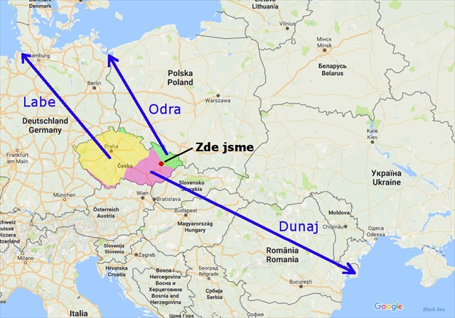 Povodí Odry, Dunaje a Labe na území ČR. Nacházíme se v místě značky Povodí Odry, Dunaje a Labe na území ČR. Nacházíme se v místě značky