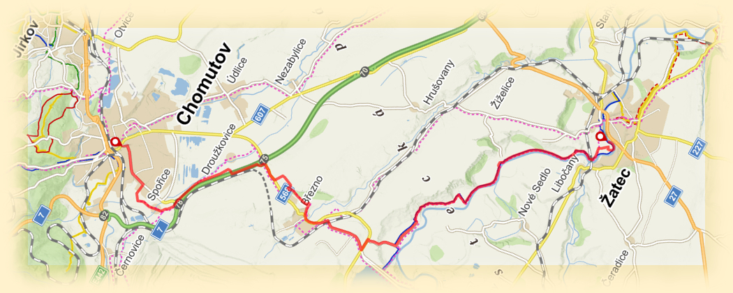 Mapa trasy mezi Chomutovem a Žatcem Mapa