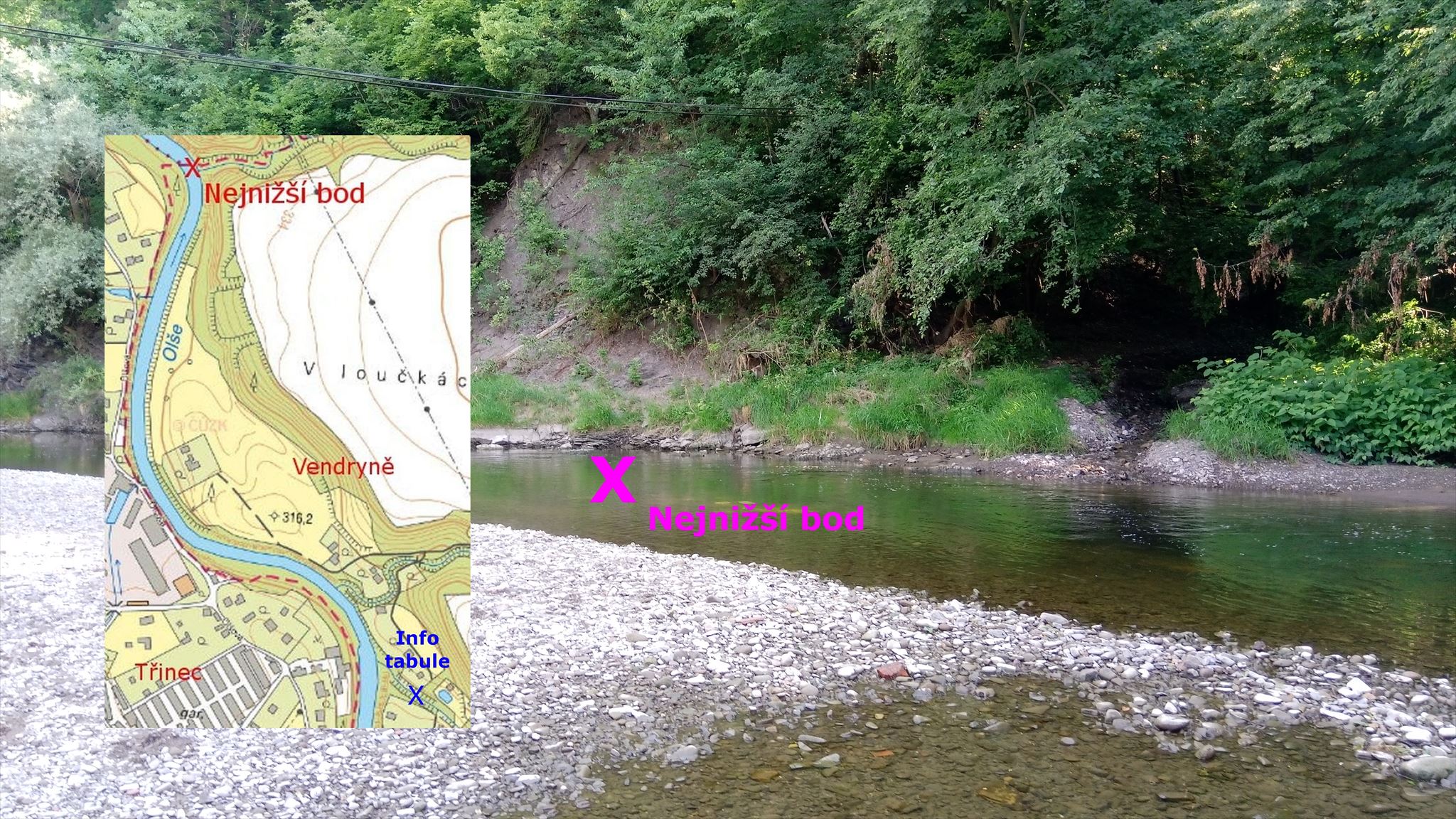 Skutečný nejnižší bod v řece Olši s mapkou