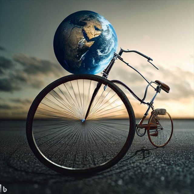 AI genereret billede med Bing - Generate an ultra realistic cartoonish style. A ginormous Penny-farthing where the wheel is the earth sphere. The shot is with a Sigma 35mm f/1. 4 DG HSM lens