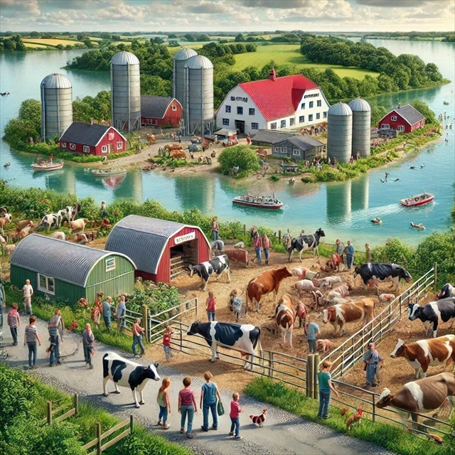 AI genereret billede med Bing - An ultra realistic and cartoon style. An geocaching event scene near a serene lake (Emdrup So) with participants looking at farm animals. In the background, a farm with red roof and silos on an island in the lake.