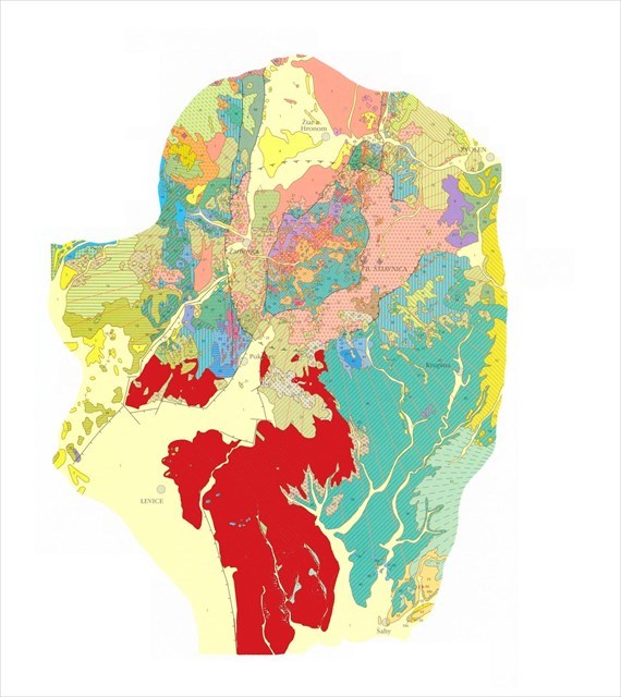 Geologická mapa Štiavnických vrchov s vyznačením plošného rozsahu baďanskej formácie (červená farba).