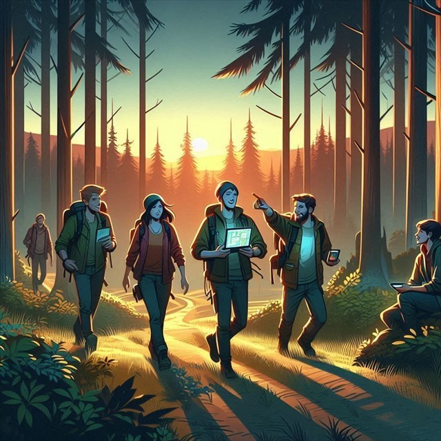 AI genereret billede med Bing - En gruppe mennesker går gennem en skov ved solnedgang, smilende og med en GPS-enhed i hånden. Naturen er frodig, og lyset er varmt.