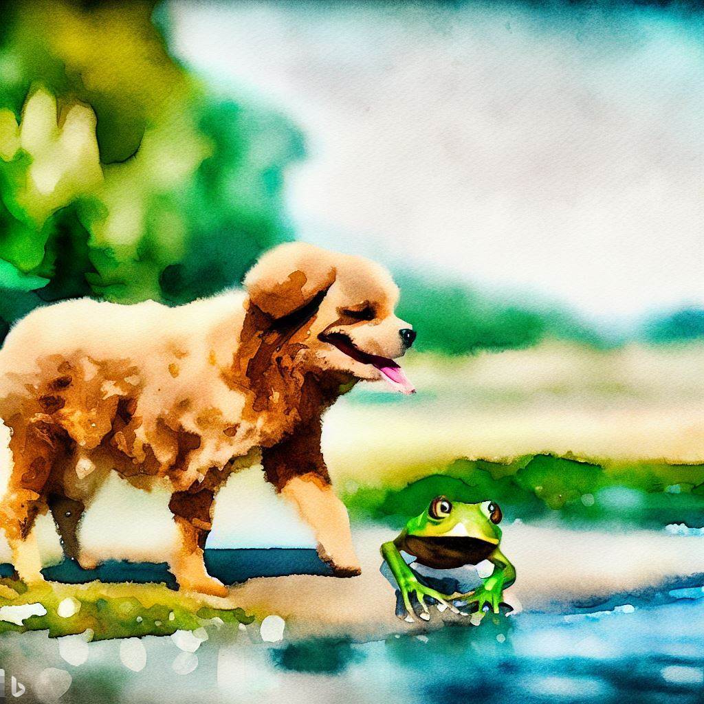 AI genereret billede med Bing - A dog and a frog sauntering at a lake. Watercolor style.