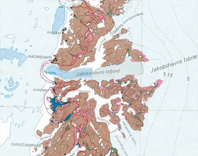 Major moraines (red lines) in the Ilulissat region