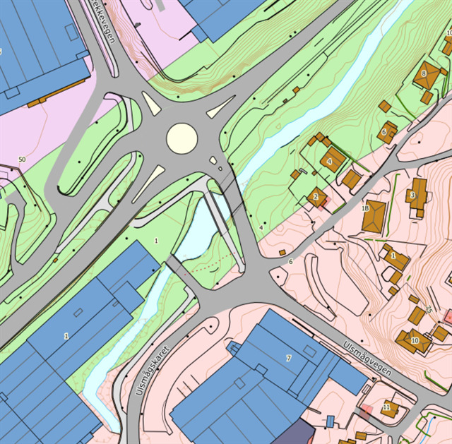Berggrunn ved GZ. Et kart som viser bergartsgrenser, veier og bygninger.