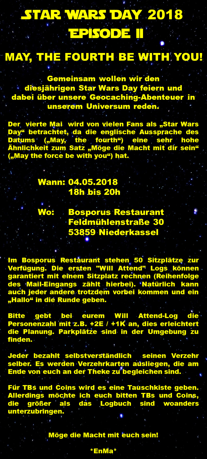 Star Wars Day 2018am 04.05.2018 um 18h bis 20h im Bosporus Restaurant, Feldmühlenstraße 30, 53859 Niederkassel