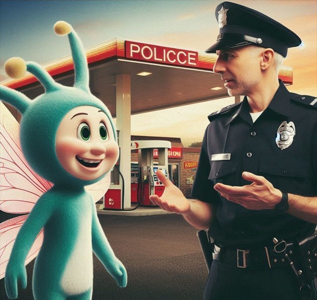 KI generiertes Bild von einem Polizisten, der sich mit einer Zahnfee unterhält