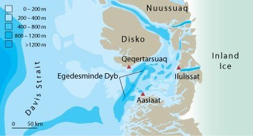 Water depths in Disko Bugt and Davis Strait