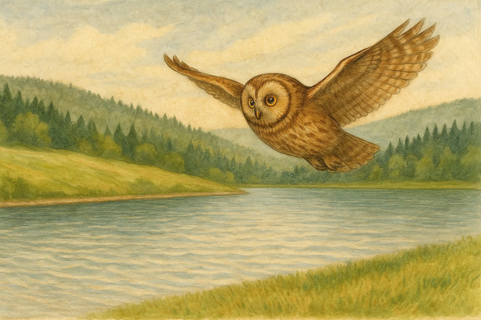 Ilustrácia: Sova Heduška sa vznáša nad vodami Horného Hodrušského tajchu