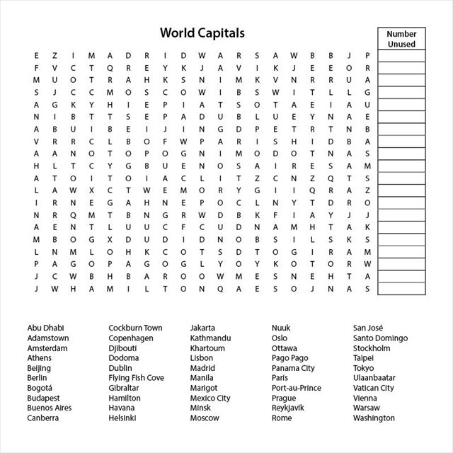 World Capitals Word Search