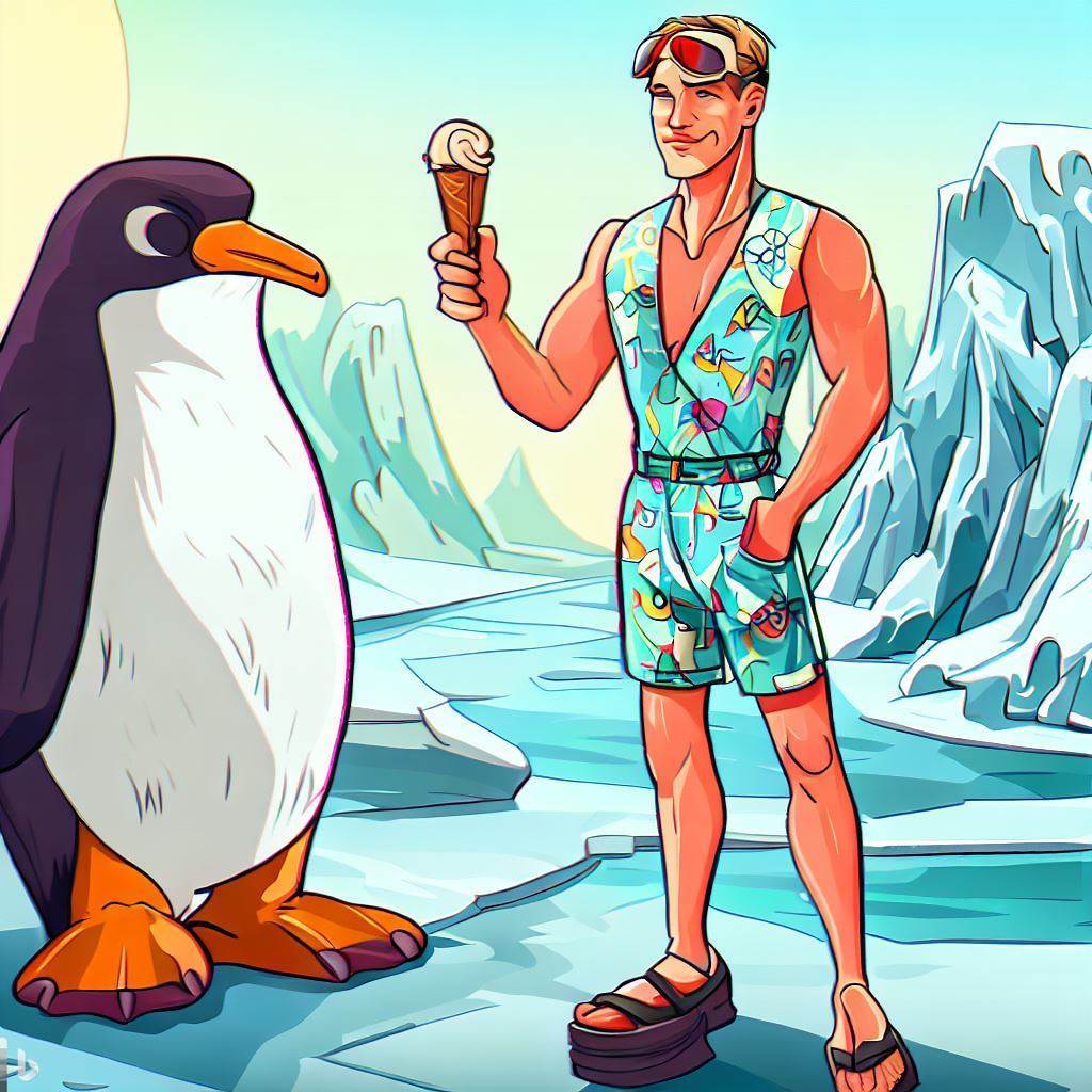 AI genereret billede med Bing - a moden man in summersuit with an icecream, a punguin at the site, time period iceage snow and ice. cartoon style.