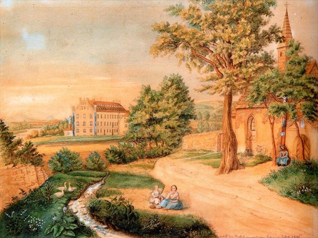 Kostel s mlýnem na obrazu Johanny Schöblové (1856)